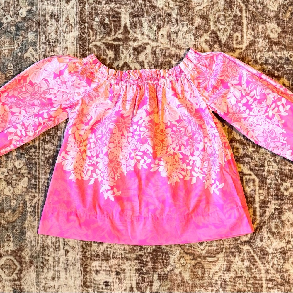 Lilly Pulitzer Jamielynn Roxie Pink Floral Off-Shoulder Blouse with tie sleeves - Picture 4 of 4